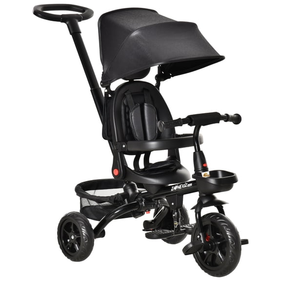 Qaba Tricycle pour Bébé 4 en 1 Tricycle avec Siège Réversible à Angle Ajustable Poignée Amovible Auvent Main Courante Ceinture Rangement Repose-Pieds Frein Embrayage pour 1-5 Ans Noir