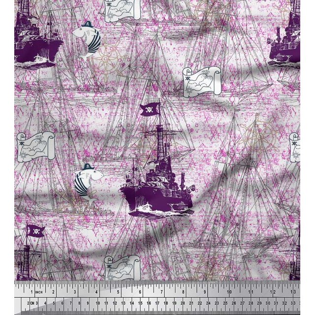 Soimoi Silk Fabric Fish & Ship Ocean Print Sewing Fabric Yard 42 Inch Wide