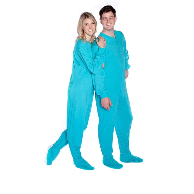 Big Feet Pajama Grenouillère pour Adulte en Tricot Jersey Turquoise à Pieds avec Rabat pour Fesses