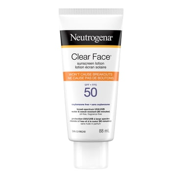 Neutrogena Clear Face Sunscreen Lotion for Acne-Prone Skin, Broad Spectrum SPF 50 UVA/UVB Protection, Oil-, Fragrance- & Oxybenzone-Free Facial Sunscreen, Non-Comedogenic
