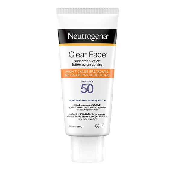 Neutrogena Clear Face Sunscreen Lotion for Acne-Prone Skin, Broad Spectrum SPF 50 UVA/UVB Protection, Oil-, Fragrance- & Oxybenzone-Free Facial Sunscreen, Non-Comedogenic