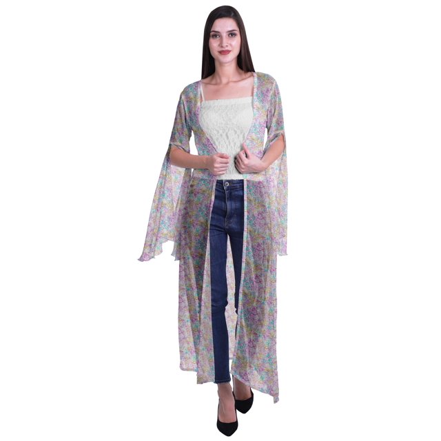 Moomaya Cardigan Long en Georgette de Viscose Imprimée à Manches Fendues pour Femmes