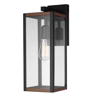 1-Light Matte Black Outdoor Indoor Wall Sconce with Faux Wood Accents and Clear Glass Shade
