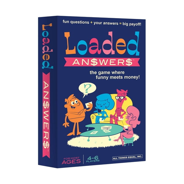 All Things Equal Loaded Answers Card Game box with retro cartoon characters playing a family card game featuring creative, open-ended questions, designed for 4-6 players aged 12 and up, combining humor and money-themed fun.
