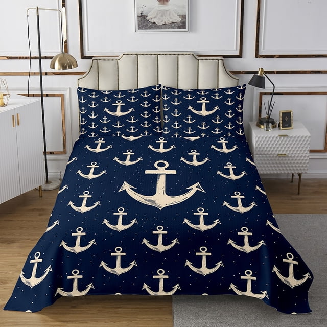 Erosebridal Ocean Anchor Coverlet Set Queen, Vintage Nautical Bedding Set, Sailboat Room Decor, 3 Pieces