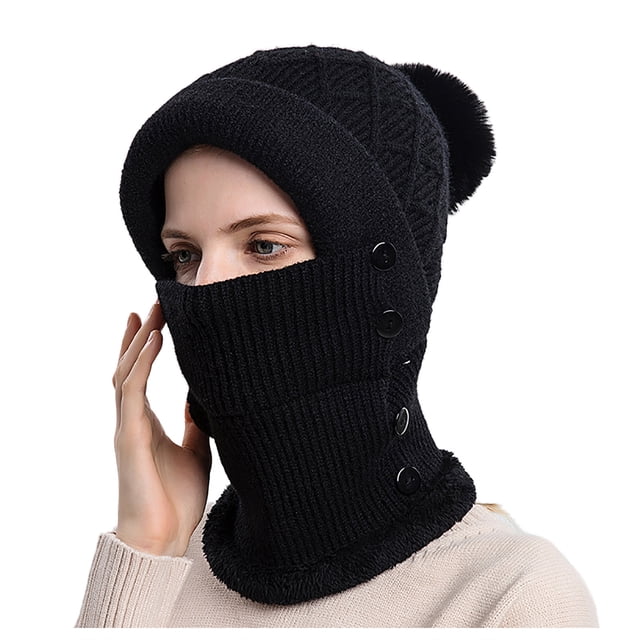 AWZXDE Women Winter Solid Color Knitted Ski with Scarf and Hood Integrated for Outdoor Riding Cold Defect Warm Pullover Hat Black,One Size