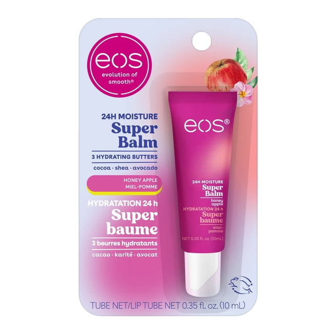 eos 24H Moisture Super Balm Honey Apple lip treatment in a 10 mL tube with cocoa, shea, and avocado butters, packaged with apple and flower graphics, providing deep hydration and smoothing for dry lips, suitable for anytime use.