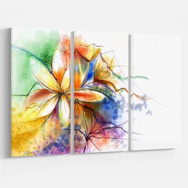 Design Art Impression sur Toile Fusion de Fleurs Multicolore, Toile en Coton Enveloppée à Trois Panneaux Mettant en Vedette un Motif floral Abstrait dans des Tons orange, Jaune, Vert, Bleu et Violet Vibrants. Prêt à Accrocher Art Mural Fabriqué au Canada, Convient à la Décoration Moderne de la Maison Ou du Bureau.