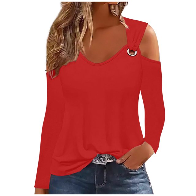 Yuyuzo Womens Tunic Tops Cold Shoulder Long Sleeve Shirts Loose Solid Color Lightweight Tee Tops