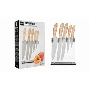 6-Piece Set de couteaux de cuisine avec poignées de grain de bois et support acrylique – Collection Séville