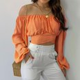 thumbnail image 2 of IROINID Savings Womens Long Sleeve Crop Tops Strapless Solid Color Off Shoulder Ruched Lantern Sleeve Crop Tops,Orange, 2 of 9