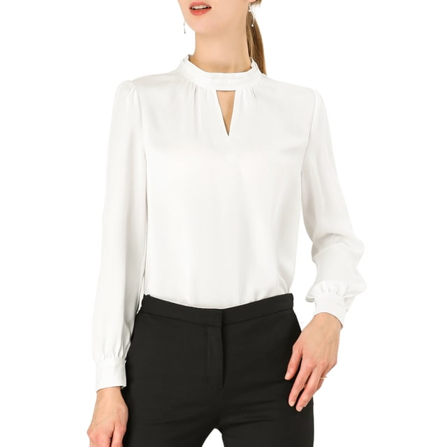 INSPIRE CHIC Women's Keyhole Stand Collar Pleated Back Button Blouse Tops