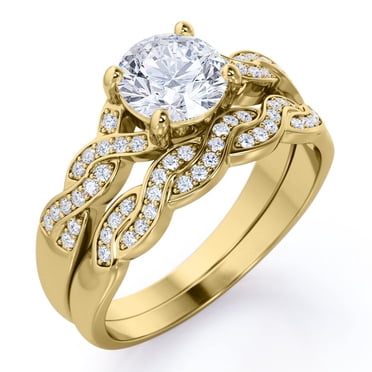 JeenMata Ensemble de Mariage en Moissanite Taille Ronde de 1,25 Carat - Ensemble Nuptial - Bague Infini - Bague pour Toujours - Bague de Promesse - Plaqué Or Jaune 18k pour Femmes