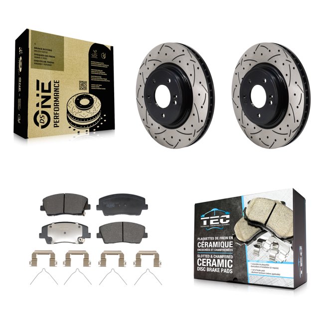 Transit Auto Front Coated Drilled Slotted Disc Brake Rotors and Ceramic Pads Kit for Car Genesis G70 Kia Stinger KDT-101310