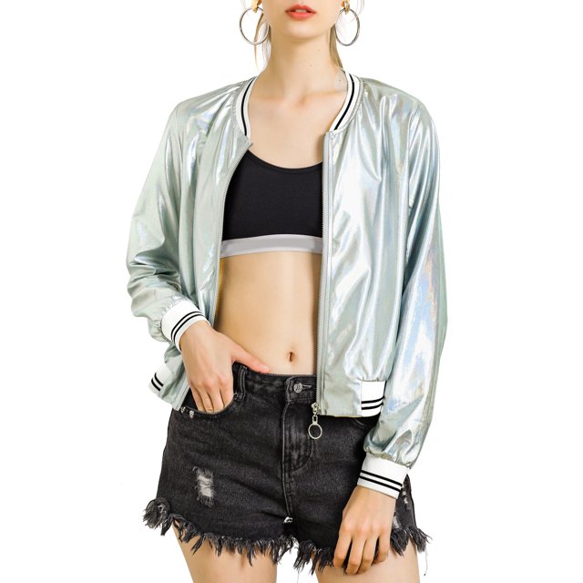 INSPIRE CHIC Blouson Bomber Court à Fermeture Éclair Métallique à Col Montant pour Femme