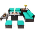 thumbnail image 1 of Patiojoy Ensemble de 9 Pcs de Meubles de Patio Extérieur avec Table de Foyer au Propane de 35 Pouces, Ensemble de Canapé Sectionnel d'Extérieur en Osier PE Gain de Place avec Coffre de Rangement et Coussins Turquoise, 1 of 10