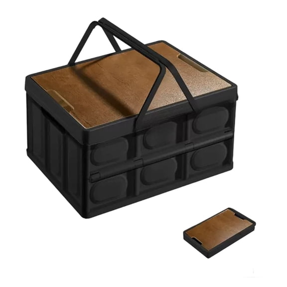Boîte de Rangement Extérieure avec Couvercle en Bois - Pliable et Portable pour Camping, Pique-Nique, Organisateur de Coffre de Voiture avec Poignée