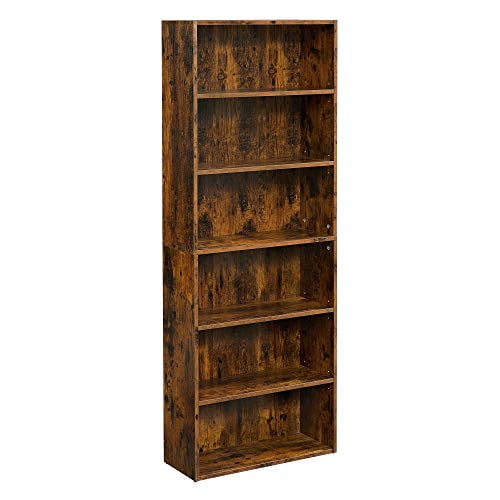 VASAGLE Bookshelf, Open Bookcase with Adjustable Storage Shelves, Floor Standing Unit, 23.6 inches, Rustic Brown. A 6-tier vertical bookcase with a rustic brown finish, featuring adjustable shelves for versatile storage. Made of particleboard with a sturdy H-shaped structure and anti-tip kit for safety. Ideal for organizing books, displaying plants, or storing keepsakes in living rooms, dining rooms, or home offices.