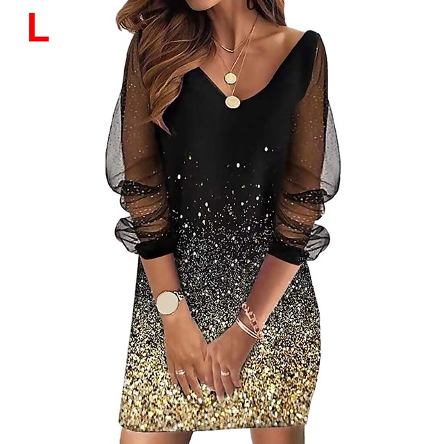 Baohd Robe Courte Imprimée pour Femmes Manches Longues Banquets Banquet Été Plage Vacances Accessoires de Fête Élégants Or L