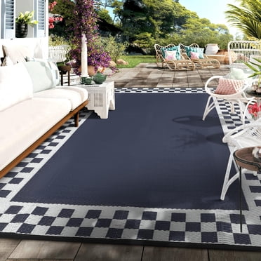 Outdoor Rug 10x14 Waterproof Fade-Proof Reversible Patio Rug Modern Neutral Outdoor Carpet, Plastic Straw Weather Resistant Large Camping Carpet for Garden Backyard Balcony, Black Blue