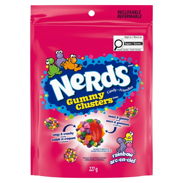 Nerds Gummy Clusters Rainbow 227 g resealable bag featuring multicolour gummy clusters with a sweet, gummy centre and tangy, crunchy Nerds candy coating, ideal as a chewy candy snack in the gummy and chewy candy category.