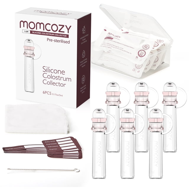 Momcozy Ensemble de Collecteurs de Colostrum Comprend six Bouteilles en silicone Réutilisables de 5 ml avec Capuchons Roses, une Brosse de Nettoyage, des Autocollants d'Étiquette, un Chiffon en Coton et une Boîte de Rangement portable. Idéal pour la Collecte, l'Entreposage et l'Alimentation du Colostrum, en silicone de Qualité Alimentaire Sans BPA. Convient à l'Alimentation du Nouveau-Né et au Soutien de l'Allaitement.