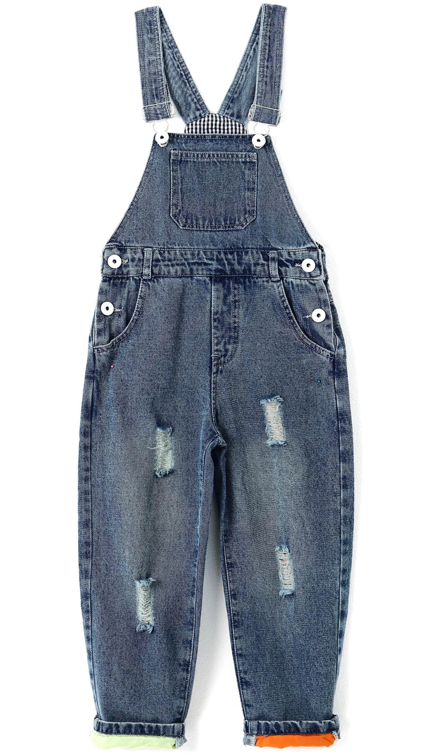 KIDSCOOL SPACE Boy Girl Overalls, Big Bib Stretchy Distressed Denim Jumpsuit,Blue,4-5 Years
