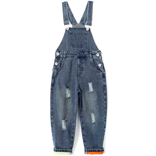 KIDSCOOL SPACE Boy Girl Overalls, Big Bib Stretchy Distressed Denim Jumpsuit in blue, designed for children aged 7-8 years. The overalls feature adjustable straps, a large front bib pocket, and a stone-washed distressed look with ripped details on the legs. The elastic waist and soft stretch denim fabric ensure comfort and durability. The cuffs are rolled with colourful accents, adding a playful touch. Suitable for casual wear, school, or playdates.