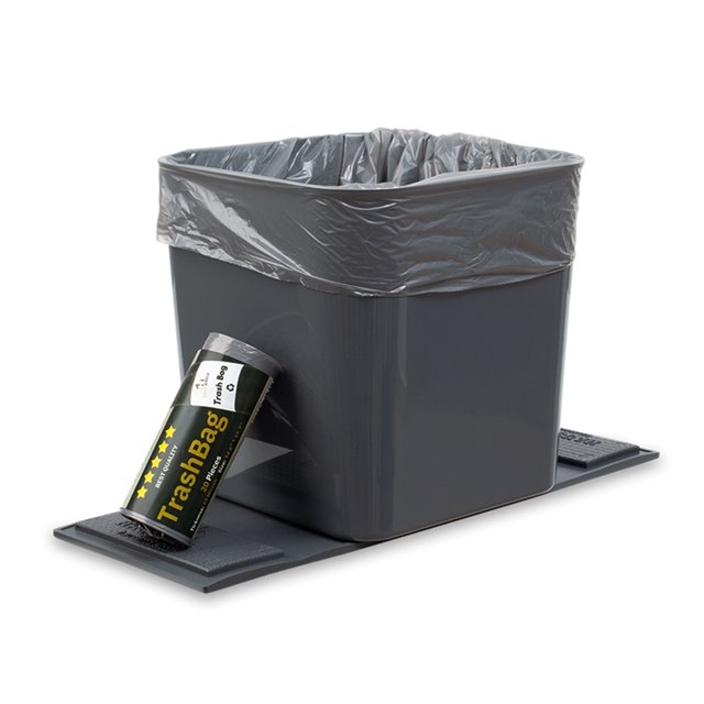 Haussimple Car Trash Can Garbage Bin in grey, a waterproof and leakproof car organizer designed to keep vehicle interiors clutter-free. The compact wastebasket measures 7.4 x 7.2 inches and includes a roll of trash bags. Features non-tip technology, weighted straps, hook-and-loop fasteners, and spikes for secure placement on carpeted surfaces. Easy to clean and scratch-resistant, perfect for maintaining a tidy car space.