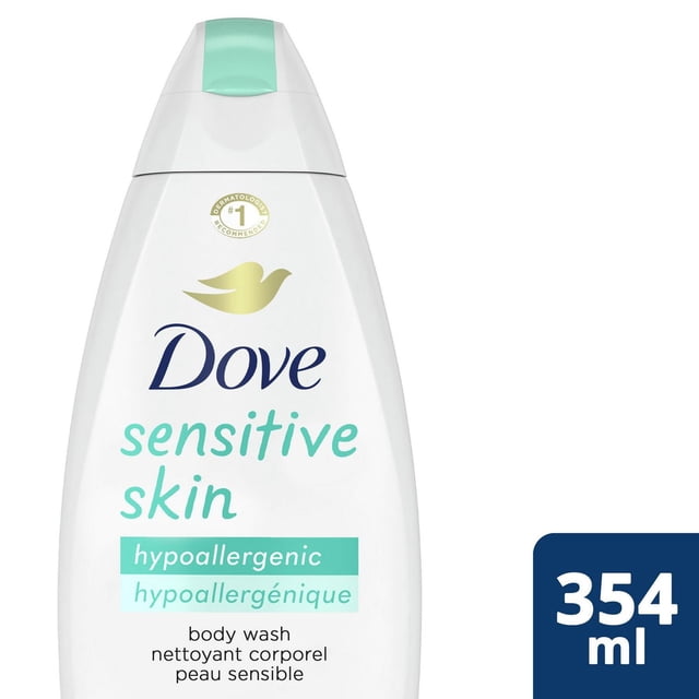 Dove Sensitive Skin Body Wash in a white plastic bottle with a light teal flip-top cap, featuring hypoallergenic and dermatologist recommended labels, containing 354 ml of moisturizing body cleanser for gentle care of sensitive skin.