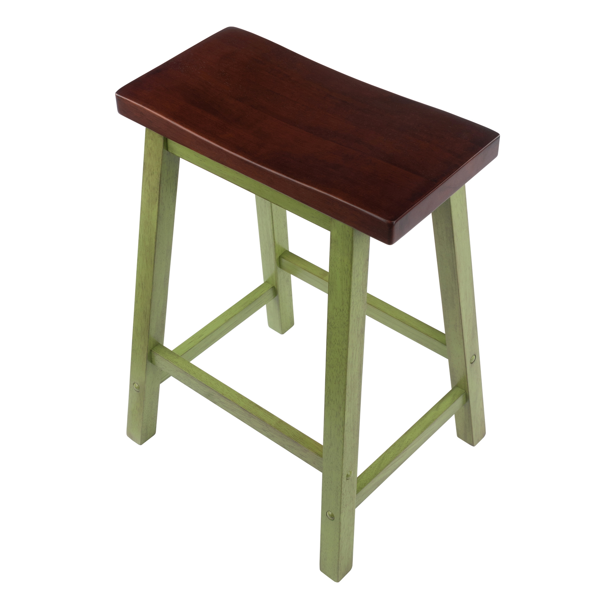 Tabouret de comptoir Satori avec siège selle, finition vert rustique et noyer