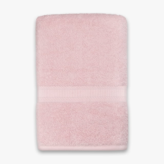 Mainstays Basics Solid Bath Sheet in light pink, folded to display its soft 100% cotton terry fabric and a textured woven band, sized 30 by 60 inches, ideal for bathroom accessories and daily absorbent use, also suitable as a lightweight wrap after bathing.