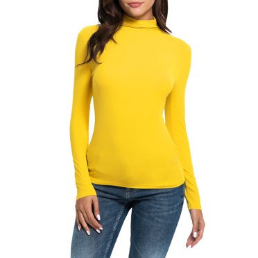 Lixiuxyad Women Casual Solid Long Sleeve Mock Turtleneck Blouse Tops Slim Fit Stretchy Layer Tee Shirts Yellow M