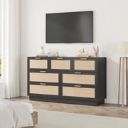 Memoryfield 7 Drawers Dresser, Boho Rattan Chest of Drawers, Storage Compartments, Black