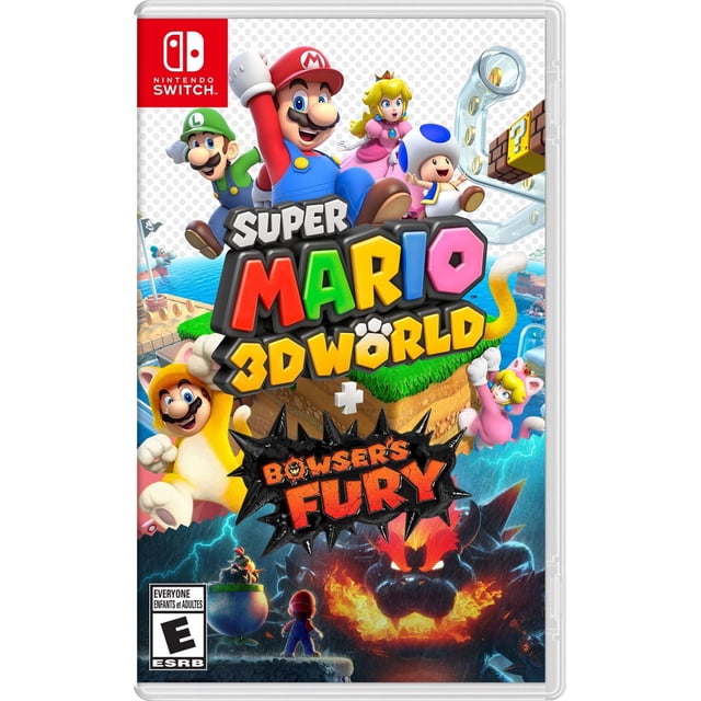 Super Mario™ 3D World + Bowser’s Fury Nintendo Switch game cover featuring Mario, Luigi, Princess Peach, Toad, and cat-suited characters in a colorful 3D platform setting with floating coins and a large fiery Bowser figure in the background.