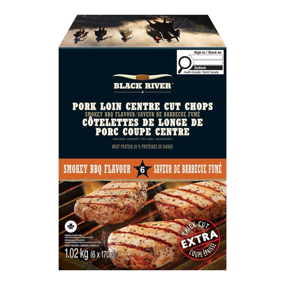 BLACK RIVER Pork Loin Chops de porc barbecue fumé, 6 pieces x 170g=1.02kg per unit, frozen box, 6 units in a case 1.02kg / 6 x 170g / 6 count
