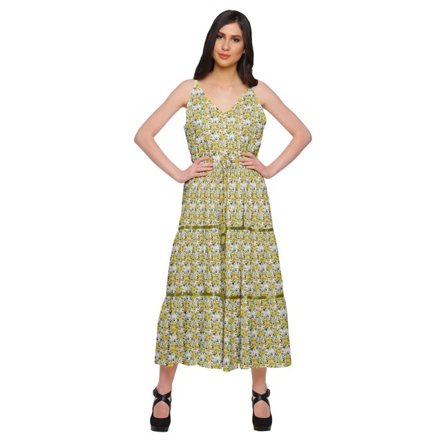 Moomaya Robe Longue maxi en Coton à Col en V Sans Manches à Bretelles Spaghetti Vêtements Décontractés
