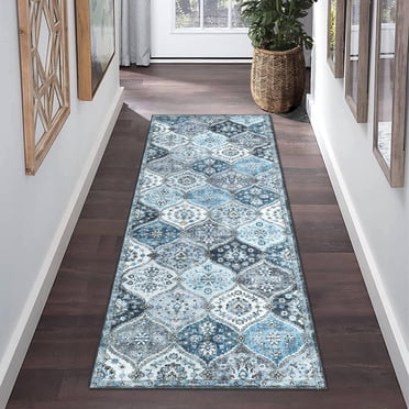 Hasoo 2' x 6' Runner Rug for Hallways Floral Washable Non Slip Kitchen Mat Indoor Blue Carpet