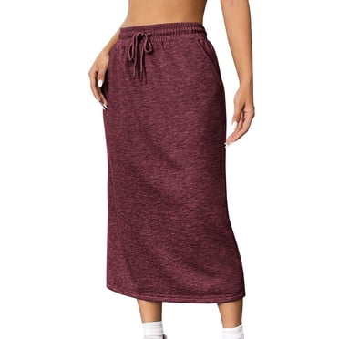 LOVZFMLL Maxi Skirts for Women 2025 Summer Casual Solid Drawstring Elastic High Waist Long Sweat Skirts with Pockets Red S