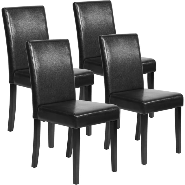 FDW Dining Chairs Set of 4, black PU leather cushions and backrests with a modern Parsons-style design. Constructed with durable rubber wood legs featuring plastic feet to protect floors, these chairs are ideal for dining rooms, kitchens, or living rooms. Easy assembly and ergonomic comfort.