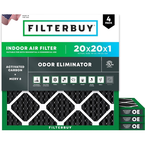 Filterbuy 20x20x1 Air Filter MERV 8 Odor Eliminator, HVAC AC Furnace Air Filters Replacement (4-Pack)