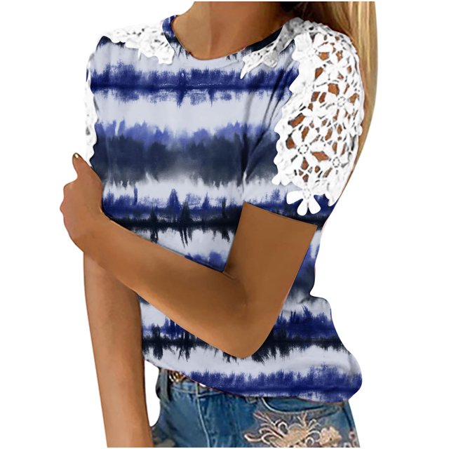 Birdeem Femmes Imprimé Manches Courtes Col Rond Chandail en Dentelle Hauts Chemises Blouse