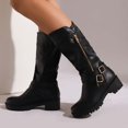 thumbnail image 2 of Platform Buckle Motorcycle Riding Boots for Women with Side Zipper Winter Fall Slouchy Leather Wide Mid Calf Tall Boots, 2 of 5