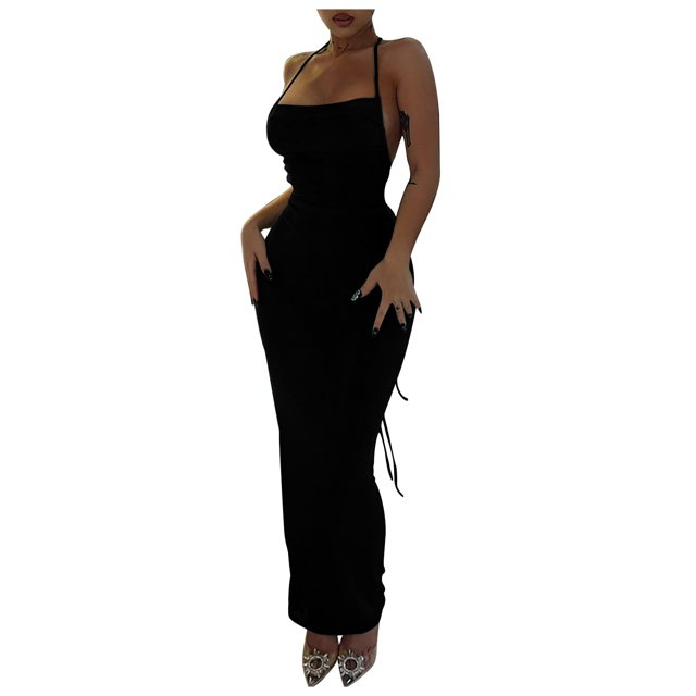 Birdeem Robe Longue d'Été pour Femmes Couleur Unie Mode Aguichant Dos Ouvert à Lacets Soutien-Gorge Robe à Col Suspendu