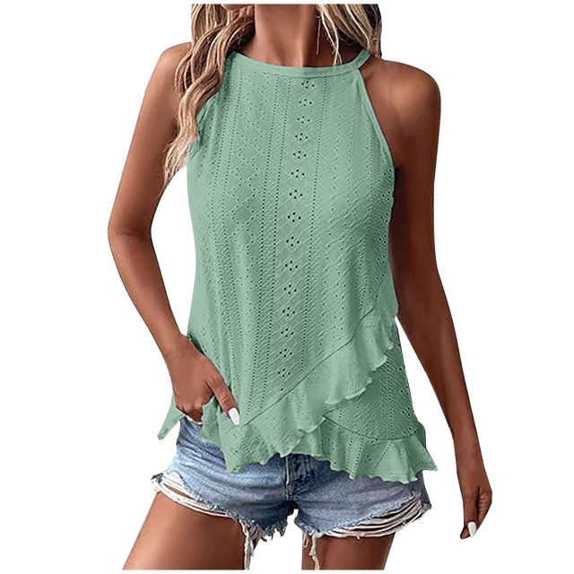 VEKDONE Halter Tops for Womens Summer Sleeveless Hollow Out Ruffled Tank Tops Solid Color Loose Breathable Lounge Vests Green Medium