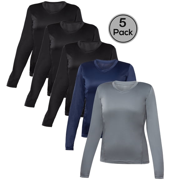 Blank Activewear Lot de 5 T-Shirts à Manches Longues pour Femmes, Tissu de Performance à Séchage Rapide