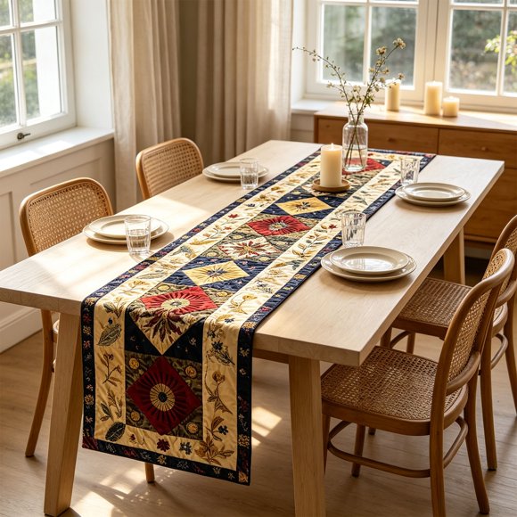 Quilted Table Runner 48 Inch Long Vintage Floral Patchwork Embroidery Dining Table Decor for Kitchen Home | Polyester Rectangular Tablecloth Protector for Buffet Entryway TV Stand Dresser Decoration
