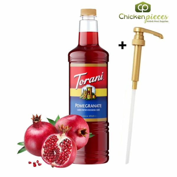 Torani Pomegranate Flavoring Syrup, Professional Exotic Fruit Beverage Base with Bonus Squeeze Pump, 1 Liter (33.8 fl oz)