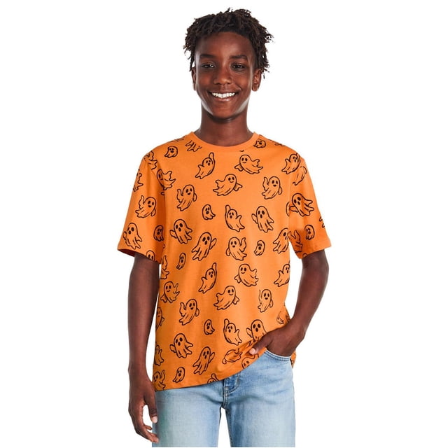 George Boys' Halloween T-Shirt front-facing short-sleeve 100% cotton jersey kids' tee with crew neck and straight hem, featuring a colorful Halloween graphic print and rib-knit neck band, shown on a neutral background for school, party or trick-or-treat wear.