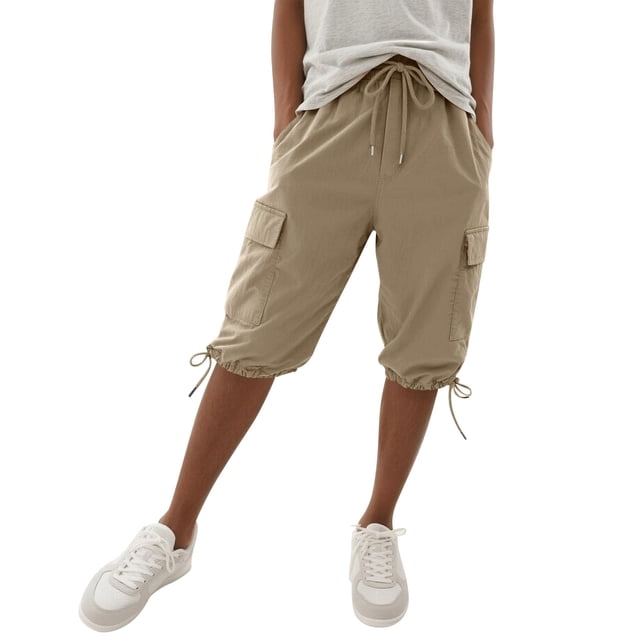 Hngshg Plus Size Cargo Capris for Women Bow Drawstring Solid Color Casual Pants with Pockets Summer Vacation Workout Pants